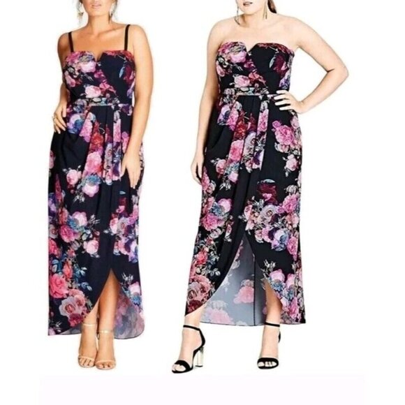 City Chic Dresses & Skirts - City Chic Romantic Rose Floral Strapless Faux Wrap Hi Low Maxi Dress 22 XL NEW